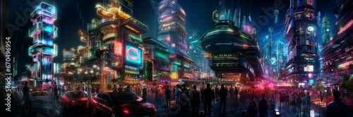 Futuristic cyberpunk urban cityscape, Neon Lights, background with lots of light spots
