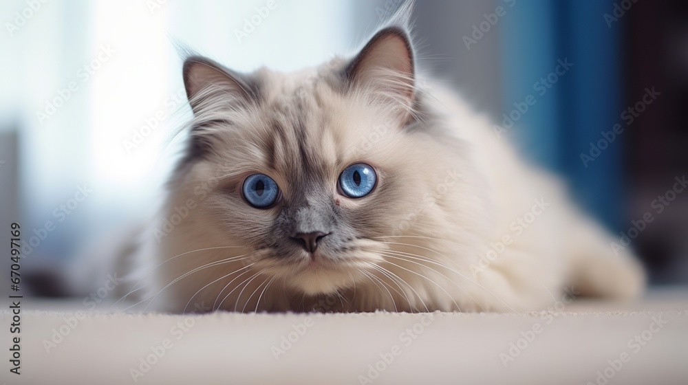 Clever gray cat and grinning mutts with lovely huge eyes on stylish blue foundation. Exquisite soft cats, puppy of pomeranian spitz and pug climbs out of gap in colored foundation