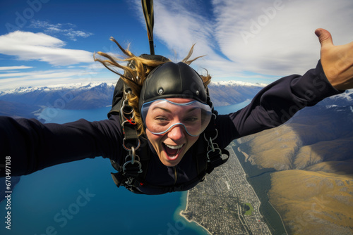 Female skydiver jumps from the aircraft. Extreme sport