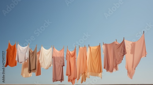 Clothes drying on a rope against the blue sky. illustration. Generative AI photo