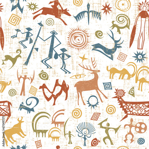 A series of petroglyphs, cave drawings, vector design, seamless pattern