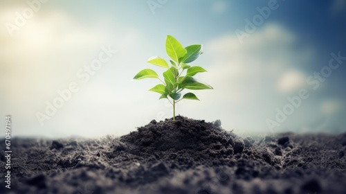 Green seedling growing on black soil with blue sky background, Ecology concept Generative AI