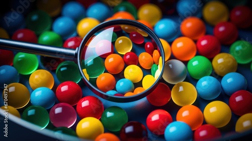 magnifying glass on colorful candies. 3d illustration. Generative AI