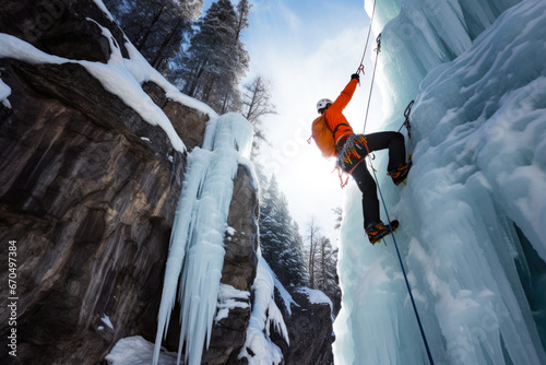 Man with climbing equipment, ice axes and rope, climbing at a frozen cliff. Extreme sports