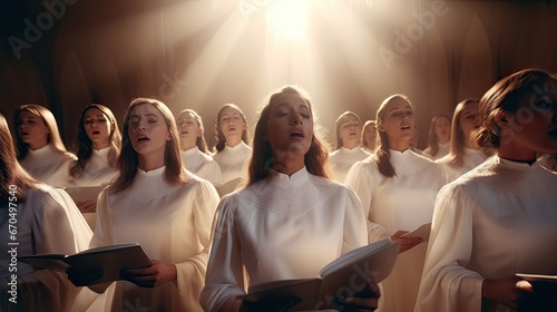 Heavenly angels in a celestial choir sing hymns of praise. Divine, ethereal, spiritual, reverent, uplifting. Generated by AI.