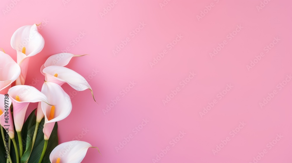 White calla lily flowers on pink background. Flat lay, top view. Generative AI