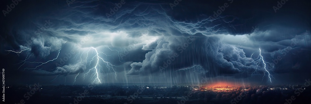 Dramatic splendor of a tempestuous night. Thunderstorm, atmospheric intensity, nature's majesty, electric brilliance, stormy spectacle, dramatic weather. Generated by AI. - obrazy, fototapety, plakaty 