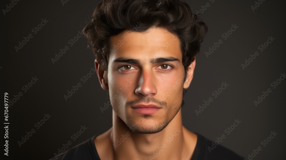 Portrait of a handsome young man on a dark background. Men's beauty, fashion. Generative AI