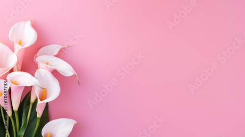 White calla lily flowers on pink background. Flat lay  top view. Generative AI