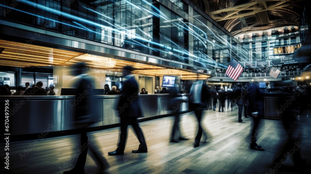 New York Stock Exchange, capturing the frenetic movement of traders and rushing professionals