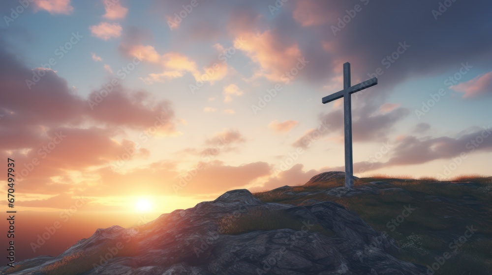 Cross on the top of a mountain at sunset. 3d render Generative AI