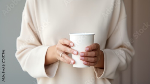 Female hands holding a white paper cup of coffee. Close-up. Generative AI © Alex