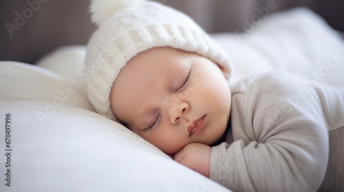 Cute little baby boy sleeping in a white knitted hat. Generative AI