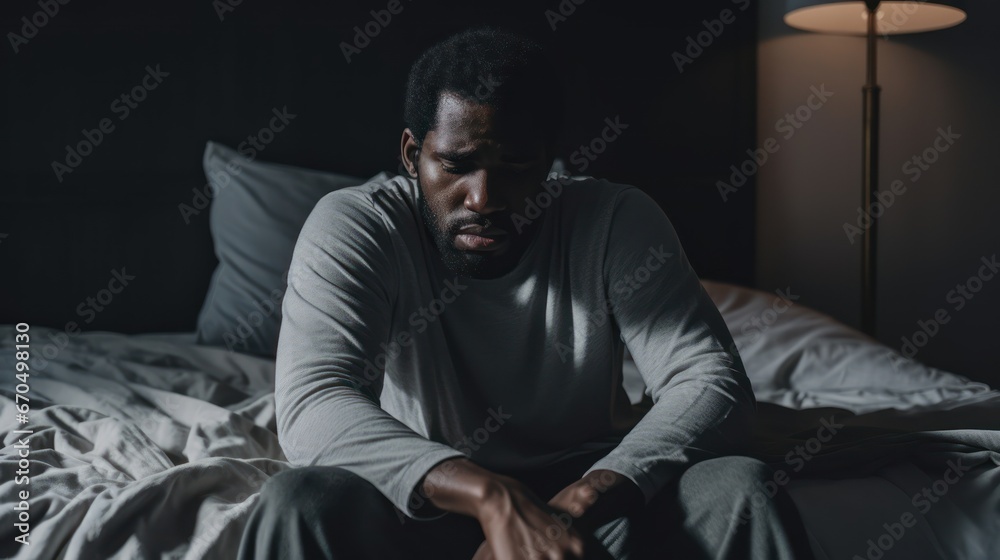 tired african american man sitting on bed in morning at home Generative AI