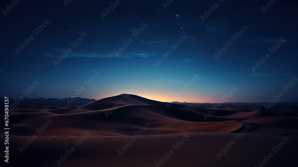 Desert sand dunes at night with starry sky. 3d rendering Generative AI