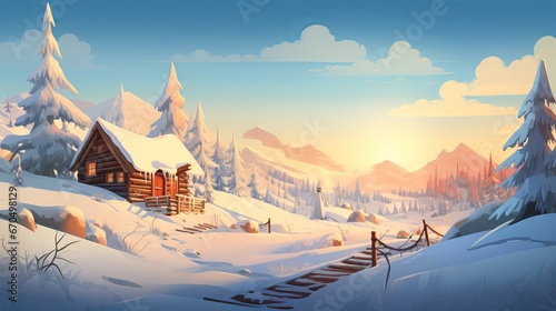 Ancient wooden house, cabin and horse shelter, heap of kindling in profound snow on mountain valley, spruce timberland, woody slopes on clear blue colorful sky at dawn duplicate space photo