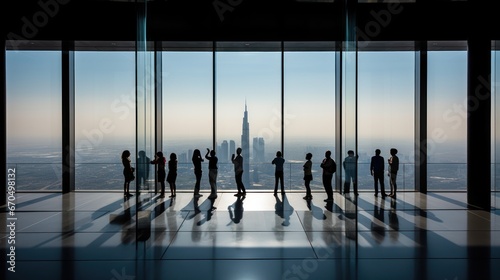 A long exposure of visitors on the observation deck of Burj Khalifa in Dubai
