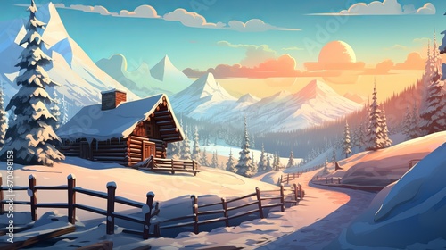 Ancient wooden house, cabin and horse shelter, heap of kindling in profound snow on mountain valley, spruce timberland, woody slopes on clear blue colorful sky at dawn duplicate space