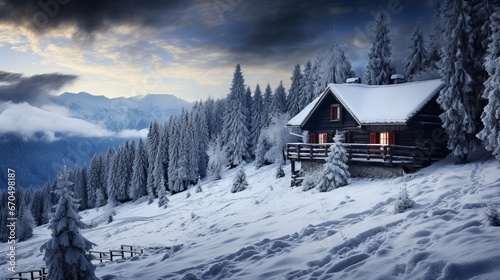 An disconnected wooden cabin in the midst of snow-covered fir trees on a mountain knoll settled profound inside the woods in winter. Christmas postcard. Blanketed mountains timberland