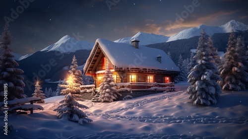 An disconnected wooden cabin in the midst of snow-covered fir trees on a mountain knoll settled profound inside the woods in winter. Christmas postcard. Blanketed mountains timberland