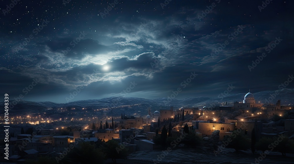 Bethlehem night. Celestial beauty, divine illumination, Bethlehem skyline, guiding star, Christmas wonder, spirituality. Generated by AI.