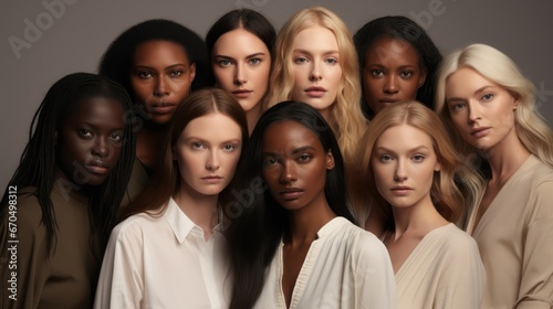 Group of women with different skin tones. Beauty and fashion. Studio shot. Generative AI