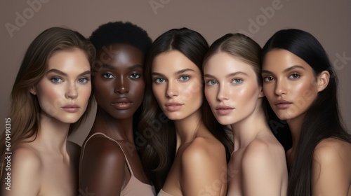 Group of young women with different skin tones. Beauty concept. 3D rendering Generative AI