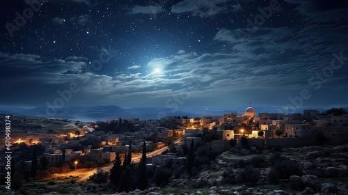 Bethlehem night sky, illuminating the path of Christmas and spirituality. Celestial spectacle, Bethlehem's charm, Christmas illumination, spirituality, wonder. Generated by AI.