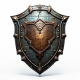 3D shield with a weathered, battle-worn appearance, isolated on white background