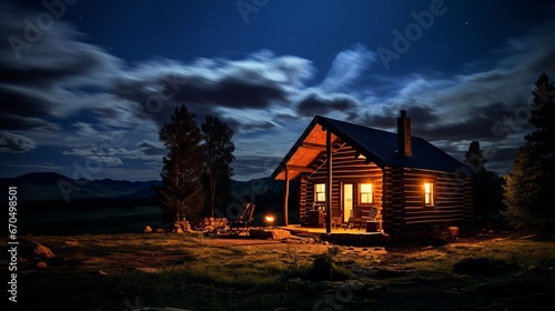 A log cabin surrounded by the night sky