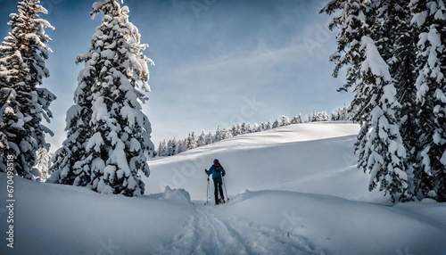 Ski touring in the deep fresh snow, Transylvania, Carpathians, Romania