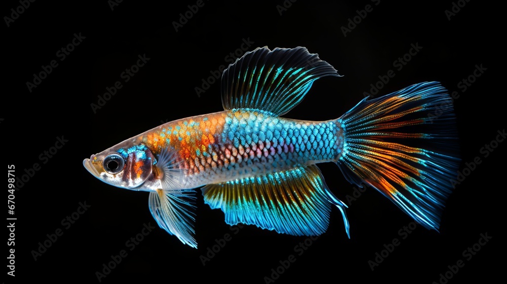 A combine of multi colors guppy angle (Poecilia reticulata) separated on dark foundation, platinum guppy angle A combine of multi colors guppy angle (Poecilia reticulata) separated on dark foundation, platinum guppy angle