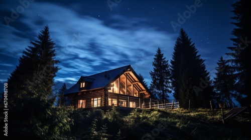 A log cabin surrounded by the night sky