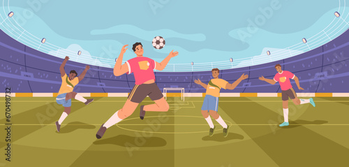Soccer stadium players. Football match, athletes fighting, kicking ball vector flat cartoon illustration. Dynamic poses of people in uniform, tense moment on field. Football team championship