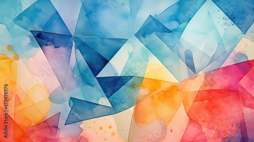 Experience the synergy of abstract watercolor artwork and vibrant geometric shapes. Creative harmony, colorful expression, modern design, artistic balance. Generated by AI.