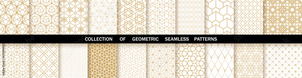 Geometric set of seamless gold and white patterns. Simple vector graphics