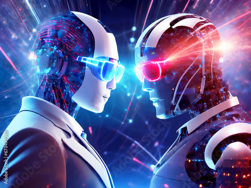 テクノロジーの概念で人工知能を搭載した人型ロボットと光の背景
