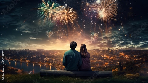A couple enjoys a romantic and festive night on a bench, watching the colorful fireworks over the city skyline, celebrating Christmas and New Year.