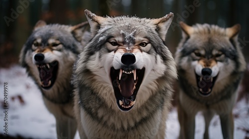 Eastern timber wolves yelling on a shake photo