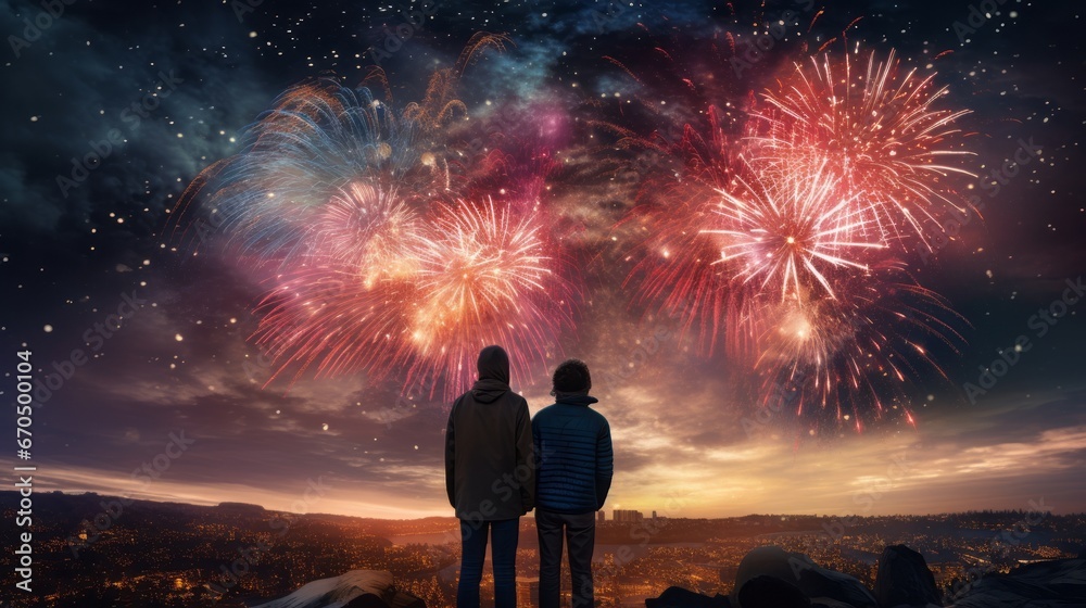 A couple watches fireworks over a cityscape on a magical night of love and celebration.