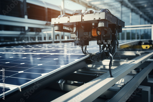 Automated solar production manufacturing, Industrial robot arm at production line solar panel, AI Generation