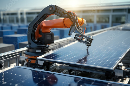 Automated solar production manufacturing, Industrial robot arm at production line solar panel, AI Generation
