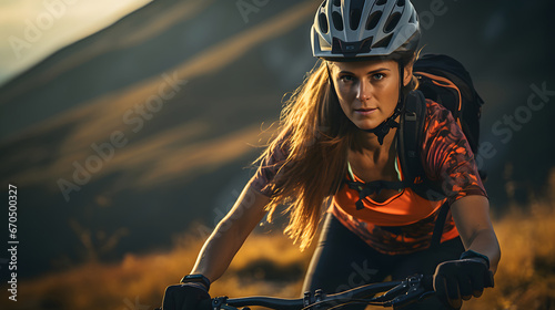 Pretty young woman riding her bike on a mountain trail photo