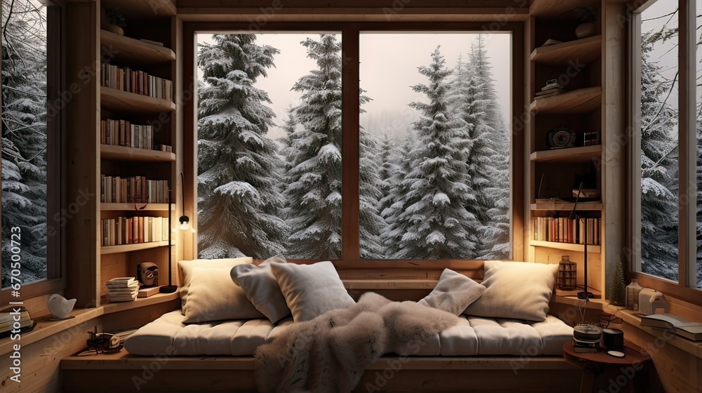 Cozy, tranquil, wintertime haven, picturesque scenery, reading escape, natural serenity. Generated by AI. - obrazy, fototapety, plakaty 