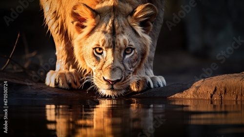 Lion whelp looking the reflection of an grown-up lion within the water on a foundation of mountains © Shabnam