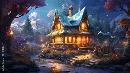 Light before a log wood cabin with Christmas enriching light
