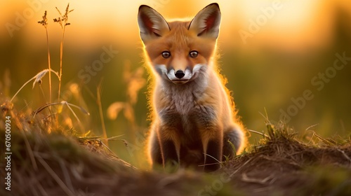 Inquisitive small offspring of ruddy fox, vulpes vulpes, gazing into the camera on the field. Sweet fox kin finding the farmland. Delightful youthful creatures being out of the gap without