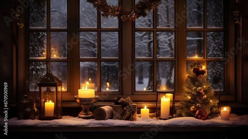 Inviting Christmas window in a log cabin with a bunch of burning candles on the windowsill and a shining Christmas tree unmistakable through the iced sheets