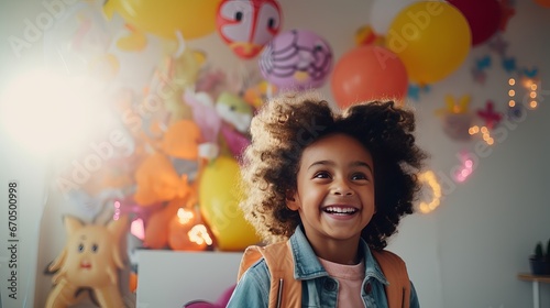 Indoor shot of small young lady with braids wearing casual clothing posturing separated over gray foundation with inflatables, holding discuss ballons creature figures, playing on party