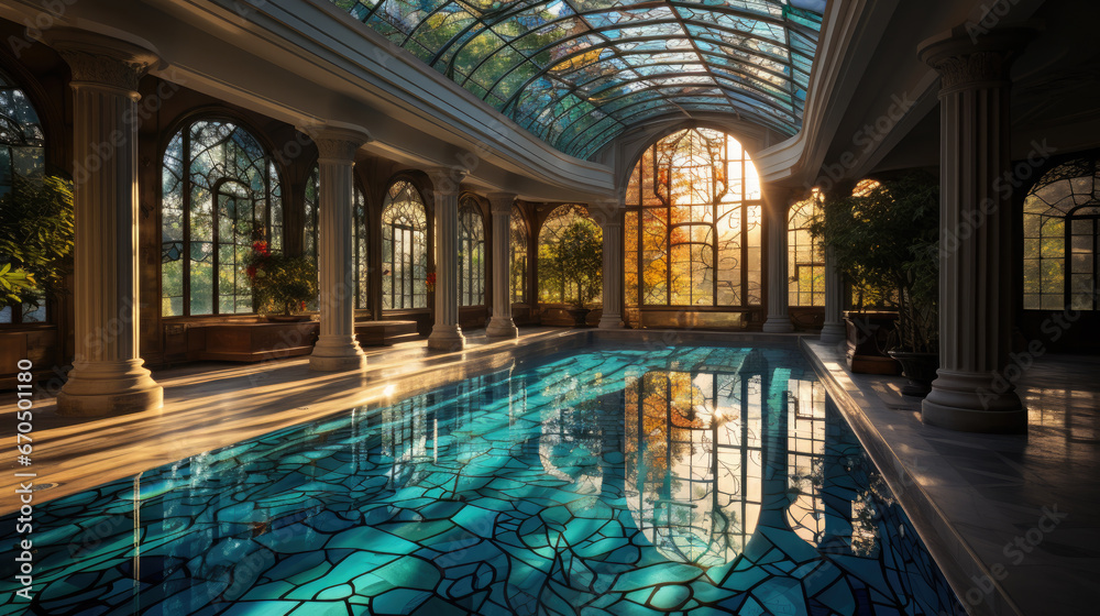 indoor pool in a beautiful old building with stained glass windows, hotel, sanatorium, designer house, villa, vacation, spa, lifestyle, turquoise water, tiles, sun light